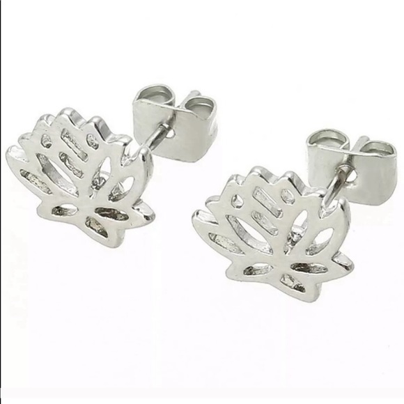 Silver Lotus Flower Earring Studs - Picture 2 of 2